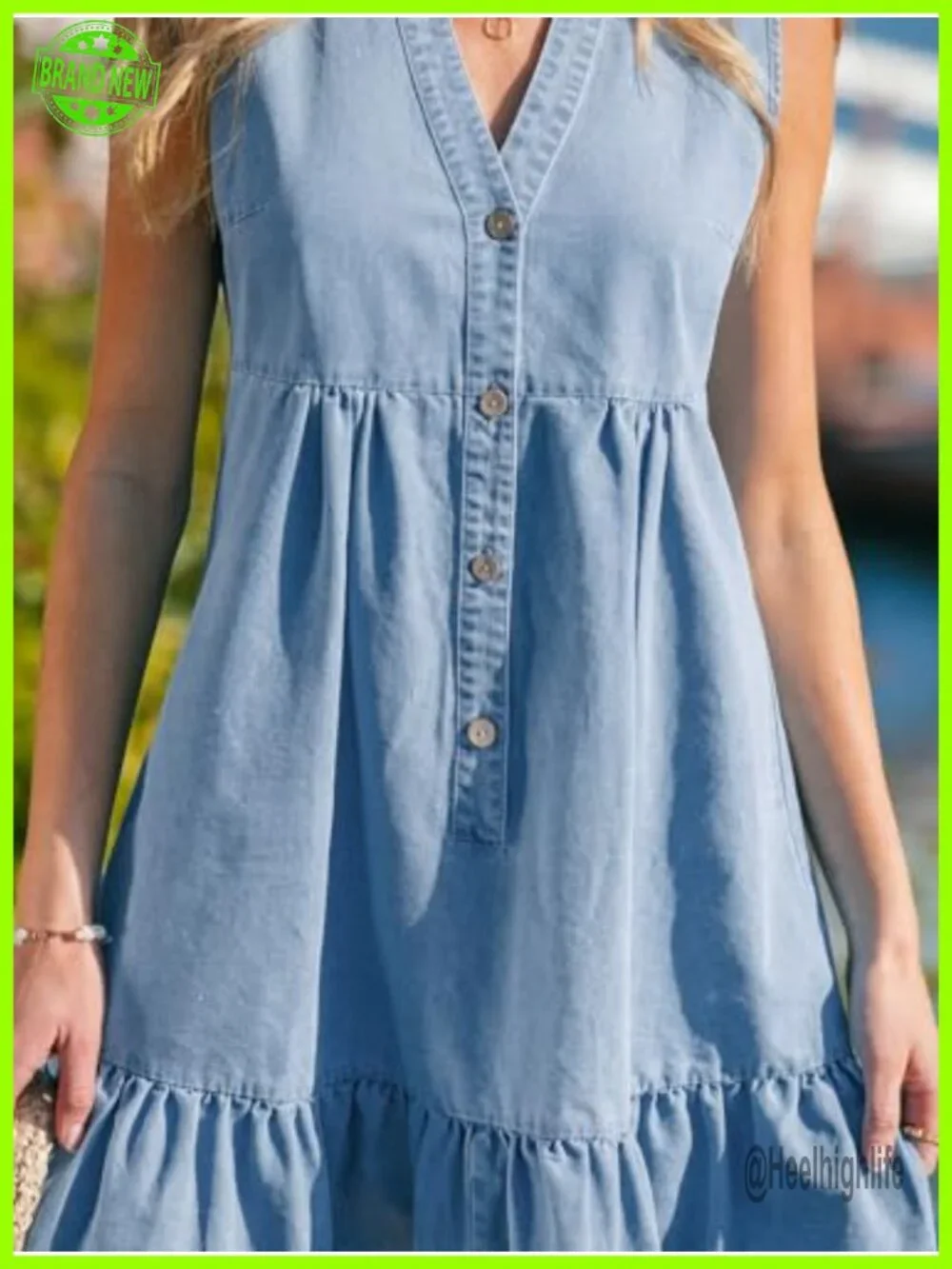 Sleeveless Ruffle Hem Mini Denim Dress with Front Buttons